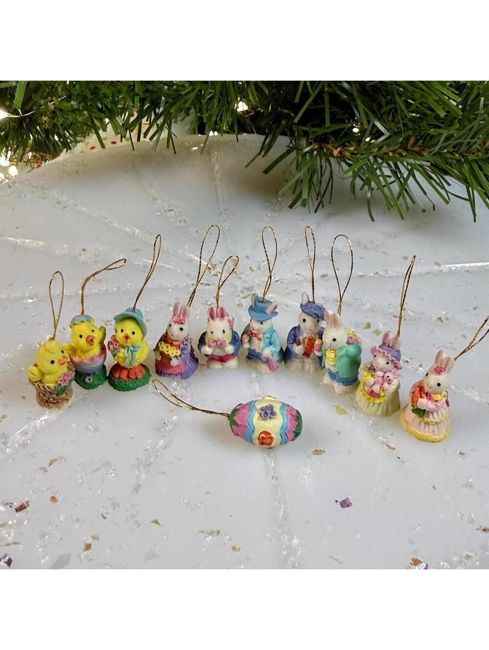 Miniature Easter Ornaments - Set of 11: 7 Bunnies, 3 Chicks, 1 Egg